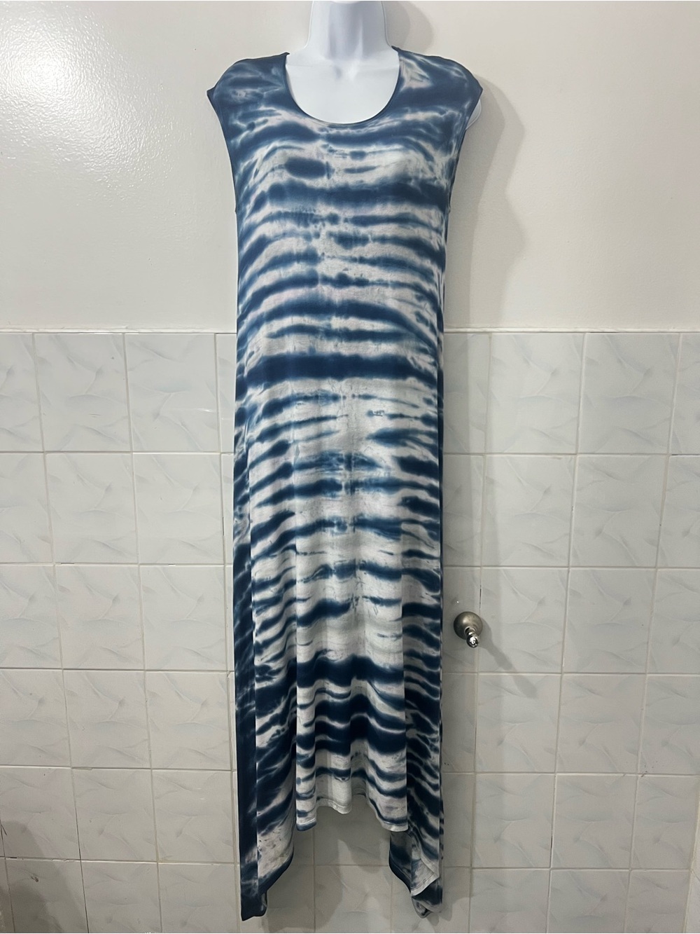 Karen Kane Blue White Tie Dye Handkerchief Maxi Dress S Coastal Beach Summer